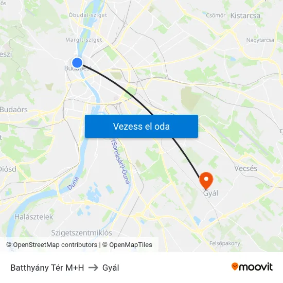 Batthyány Tér M+H to Gyál map