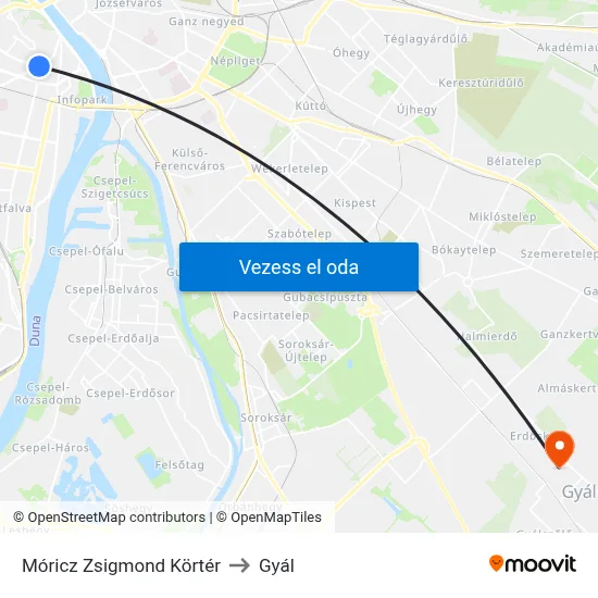 Móricz Zsigmond Körtér to Gyál map