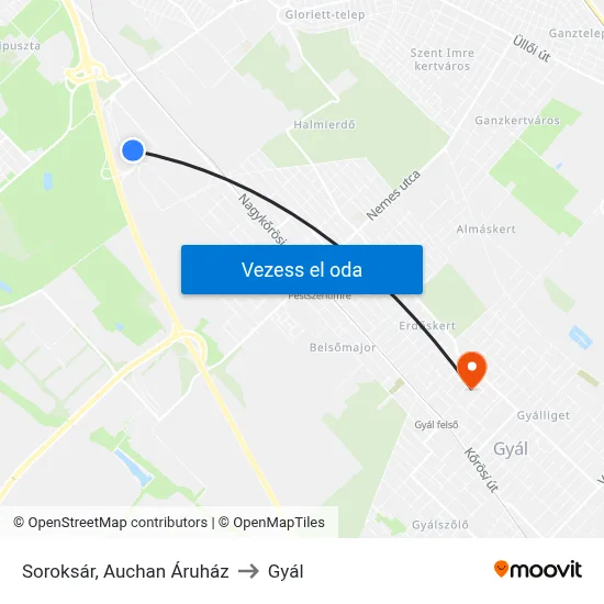 Soroksár, Auchan Áruház to Gyál map