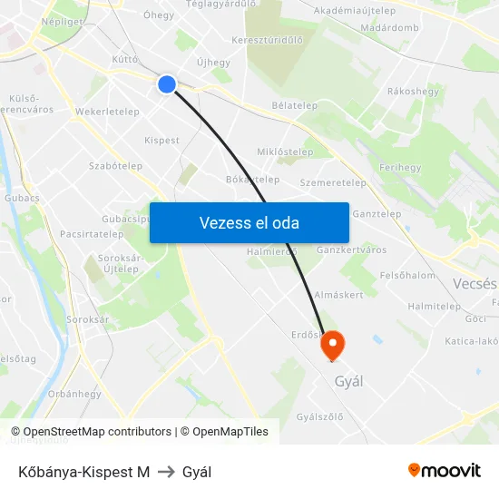 Kőbánya-Kispest M to Gyál map