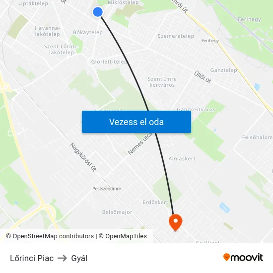 Lőrinci Piac to Gyál map