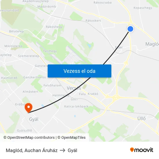 Maglód, Auchan Áruház to Gyál map