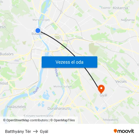 Batthyány Tér to Gyál map