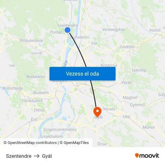 Szentendre to Gyál map