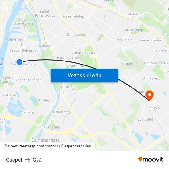 Csepel to Gyál map