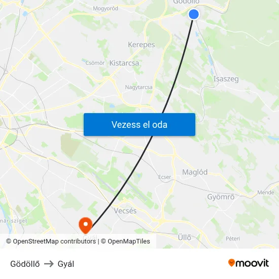 Gödöllő to Gyál map