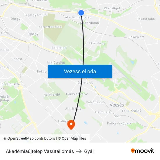 Akadémiaújtelep Vasútállomás to Gyál map