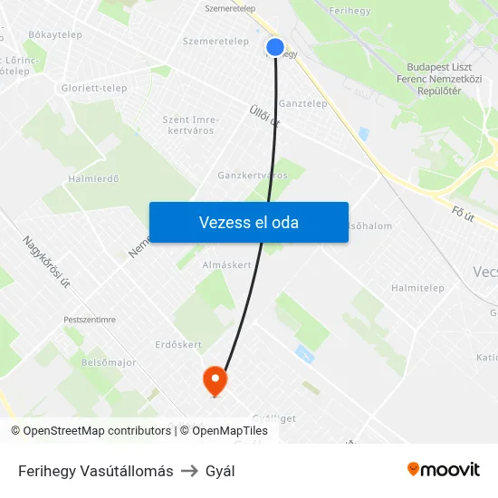 Ferihegy Vasútállomás to Gyál map