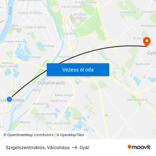 Szigetszentmiklós, Városháza to Gyál map