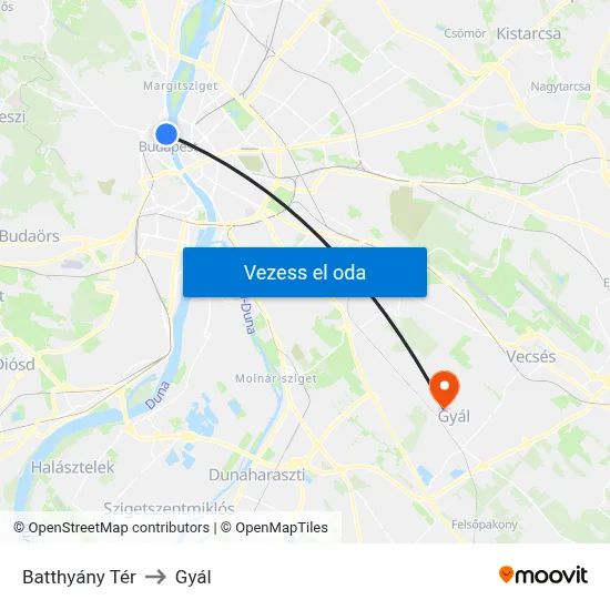 Batthyány Tér to Gyál map