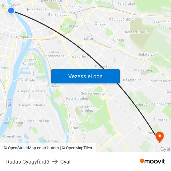 Rudas Gyógyfürdő to Gyál map