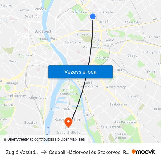 Zugló Vasútállomás to Csepeli Háziorvosi és Szakorvosi Rendelő Intézet map