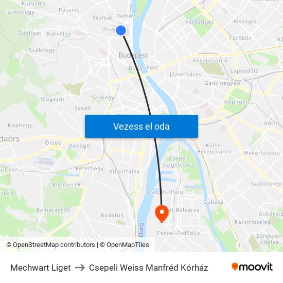 Mechwart Liget to Csepeli Weiss Manfréd Kórház map