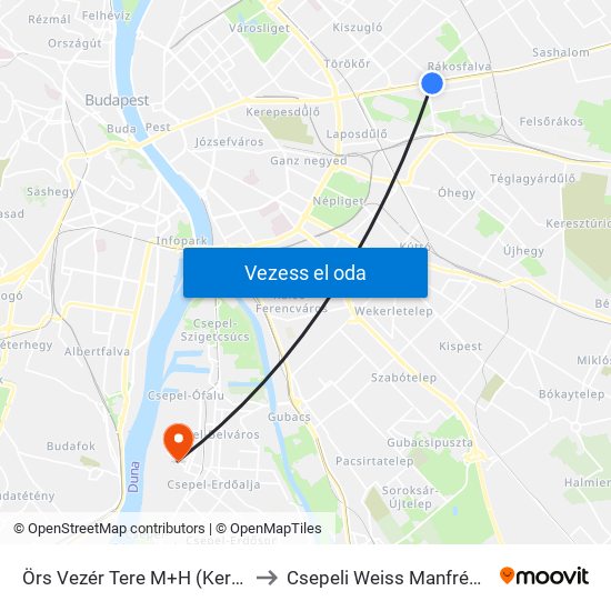 Örs Vezér Tere M+H (Kerepesi Út) to Csepeli Weiss Manfréd Kórház map