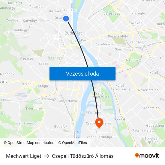 Mechwart Liget to Csepeli Tüdőszűrő Állomás map