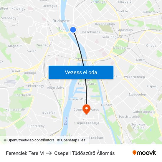 Ferenciek Tere M to Csepeli Tüdőszűrő Állomás map