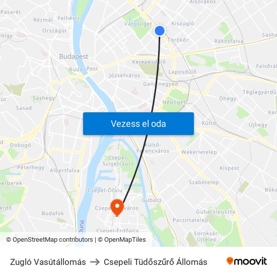 Zugló Vasútállomás to Csepeli Tüdőszűrő Állomás map