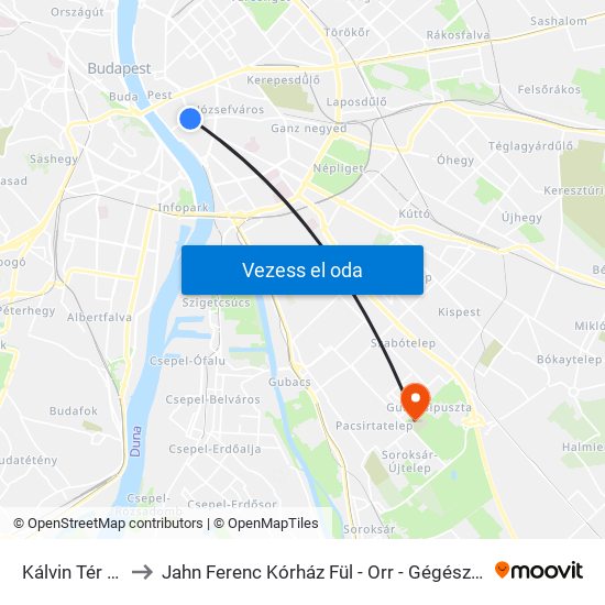 Kálvin Tér M to Jahn Ferenc Kórház Fül - Orr - Gégészet map