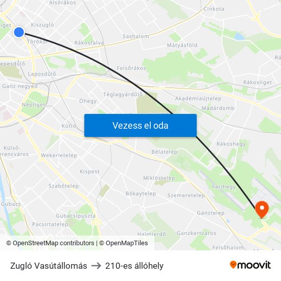 Zugló Vasútállomás to 210-es állóhely map