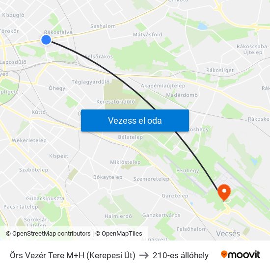 Örs Vezér Tere M+H (Kerepesi Út) to 210-es állóhely map