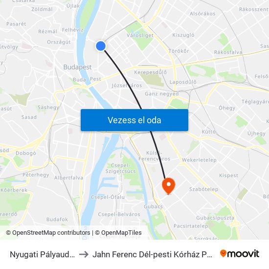 Nyugati Pályaudvar M to Jahn Ferenc Dél-pesti Kórház Pszichiátria map