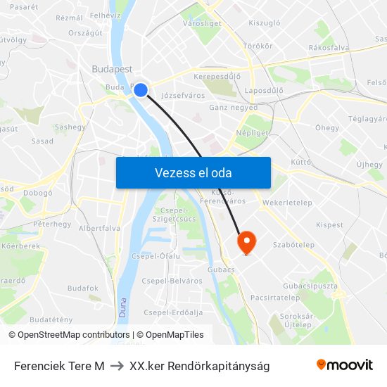 Ferenciek Tere M to XX.ker Rendörkapitányság map