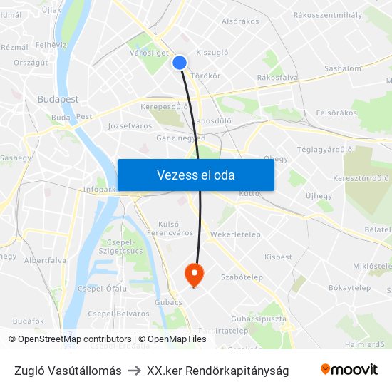 Zugló Vasútállomás to XX.ker Rendörkapitányság map