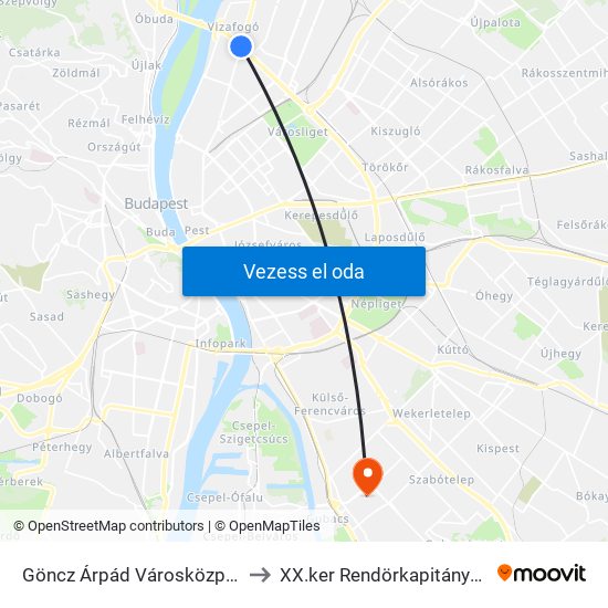 Göncz Árpád Városközpont to XX.ker Rendörkapitányság map