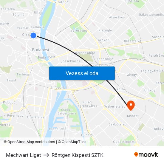 Mechwart Liget to Röntgen Kispesti SZTK map