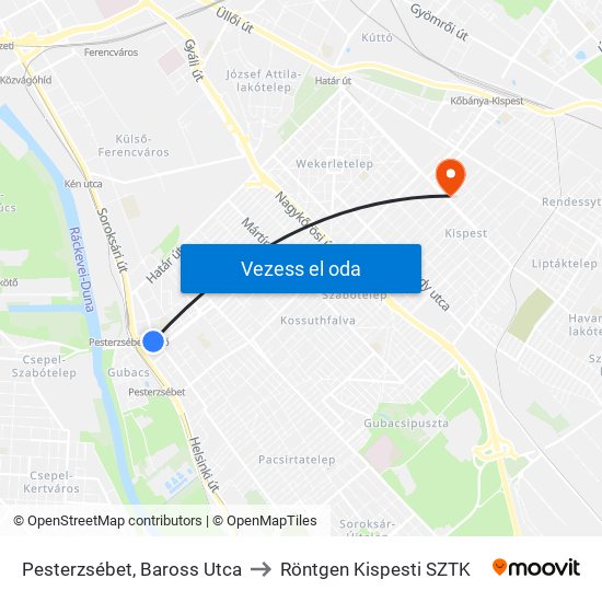 Pesterzsébet, Baross Utca to Röntgen Kispesti SZTK map