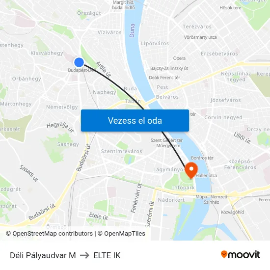 Déli Pályaudvar M to ELTE IK map