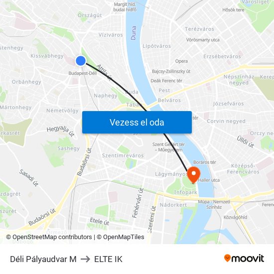 Déli Pályaudvar M to ELTE IK map