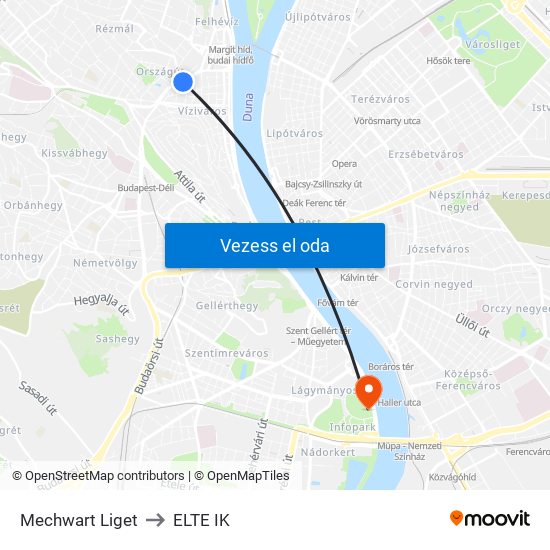 Mechwart Liget to ELTE IK map