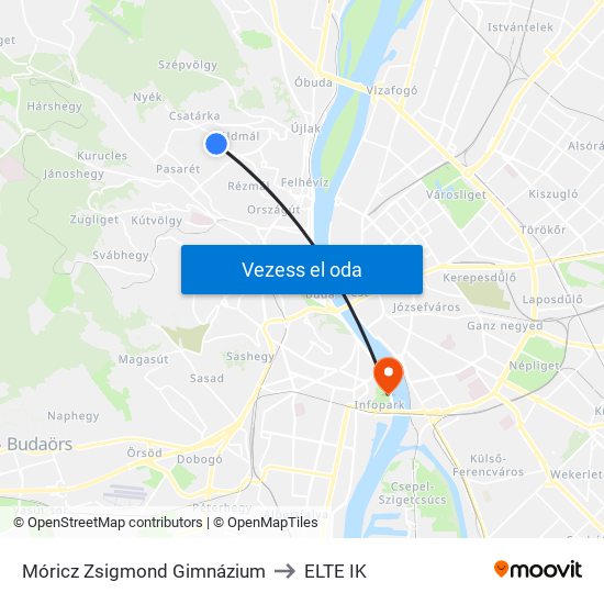 Móricz Zsigmond Gimnázium to ELTE IK map