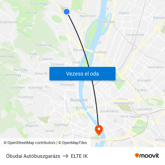 Óbudai Autóbuszgarázs to ELTE IK map