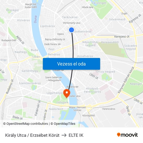 Király Utca / Erzsébet Körút to ELTE IK map