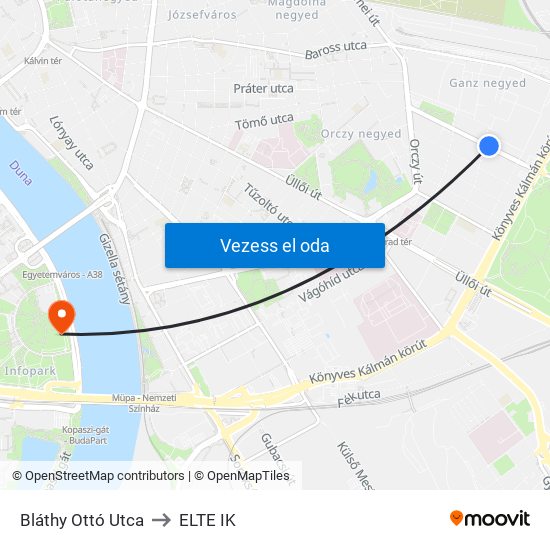 Bláthy Ottó Utca to ELTE IK map