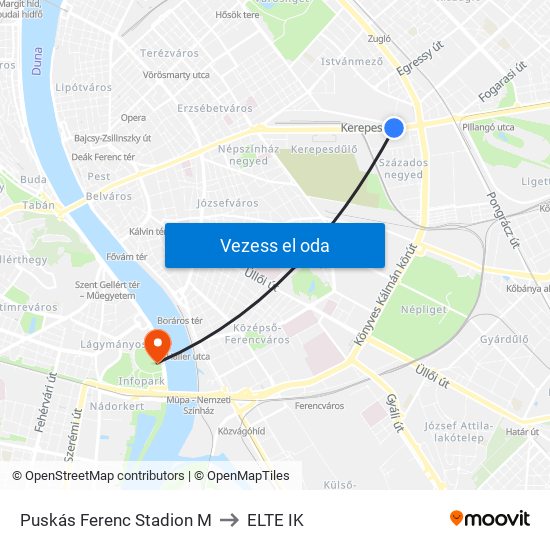 Puskás Ferenc Stadion M to ELTE IK map