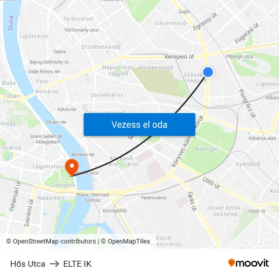 Hős Utca to ELTE IK map