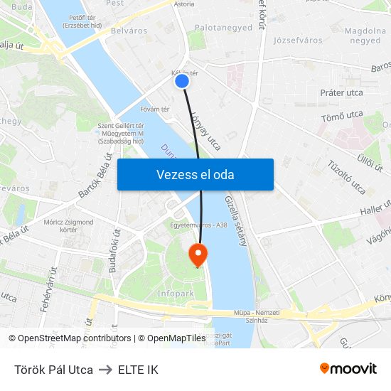 Török Pál Utca to ELTE IK map