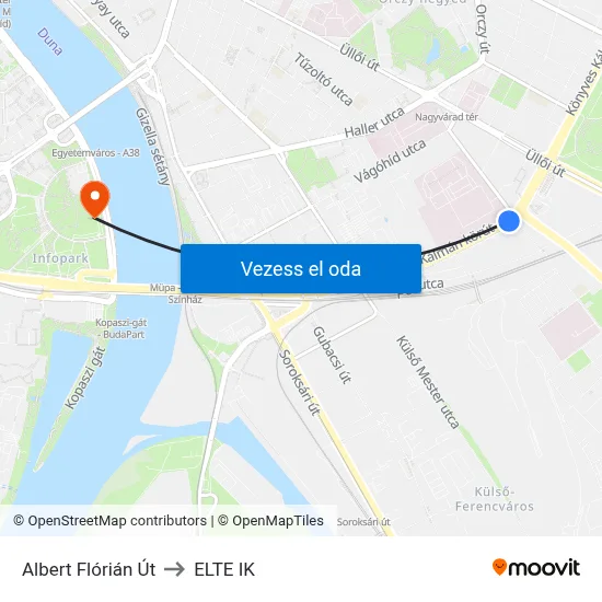 Albert Flórián Út to ELTE IK map