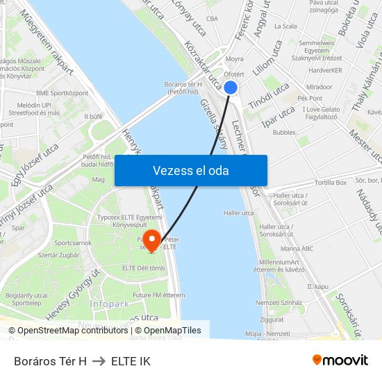 Boráros Tér H to ELTE IK map
