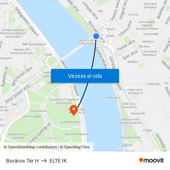 Boráros Tér H to ELTE IK map