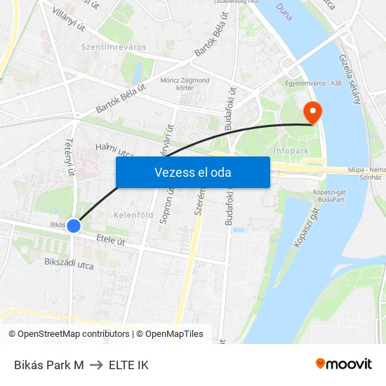 Bikás Park M to ELTE IK map