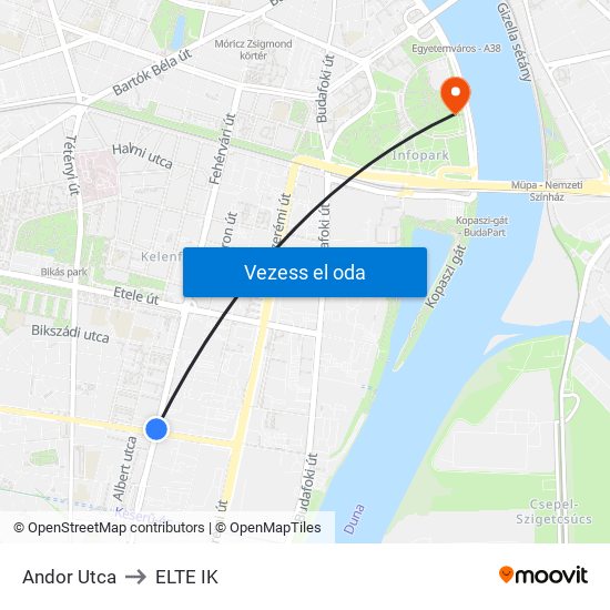 Andor Utca to ELTE IK map