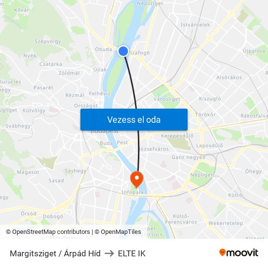 Margitsziget / Árpád Híd to ELTE IK map