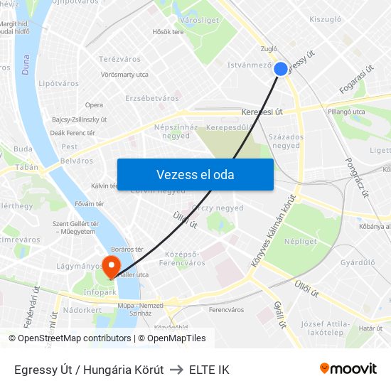 Egressy Út / Hungária Körút to ELTE IK map