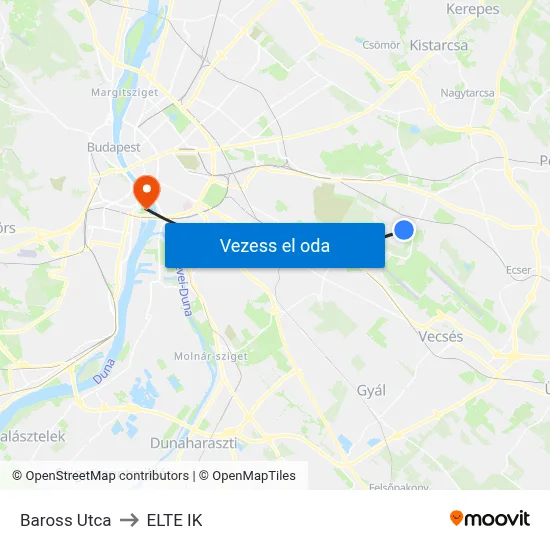 Baross Utca to ELTE IK map