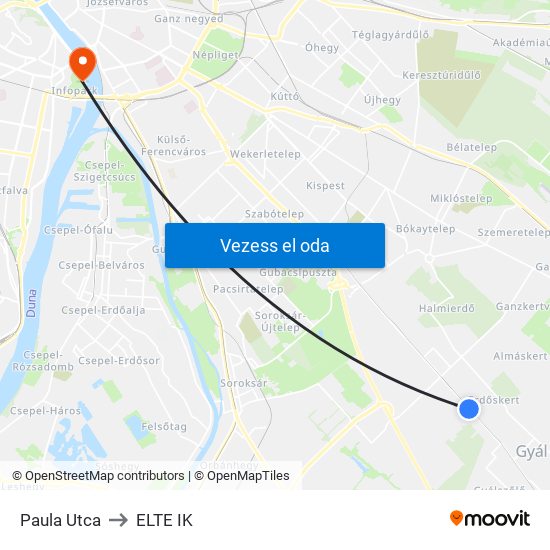 Paula Utca to ELTE IK map