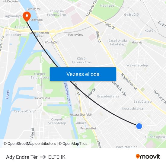 Ady Endre Tér to ELTE IK map